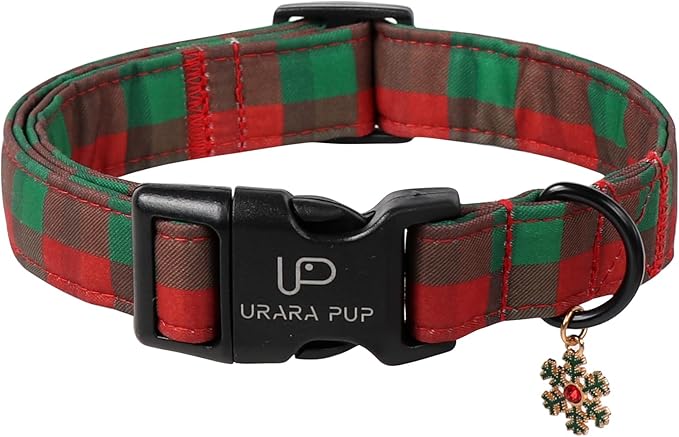 Christmas Dog Collar, Red and Green Plaid Adjustable Pet Collar with Snowflake Charm, Holiday Dog Accessories for Small Medium Large Dogs