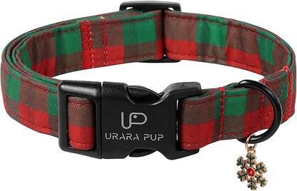 Christmas Dog Collar, Red and Green Plaid Adjustable Pet Collar with Snowflake Charm, Holiday Dog Accessories for Small Medium Large Dogs