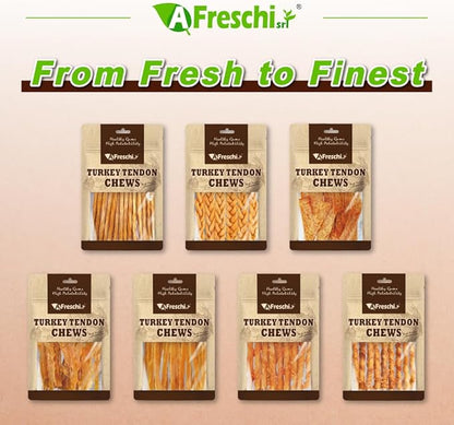 A Freschi srl Turkey Tendons for Dogs, USA-Sourced, Healthy Dog Treats, Rawhide-Free Puppy Chews, All Natural, Hypoallergenic Dog Treats, Thin Sticks, 3.5 oz Pack