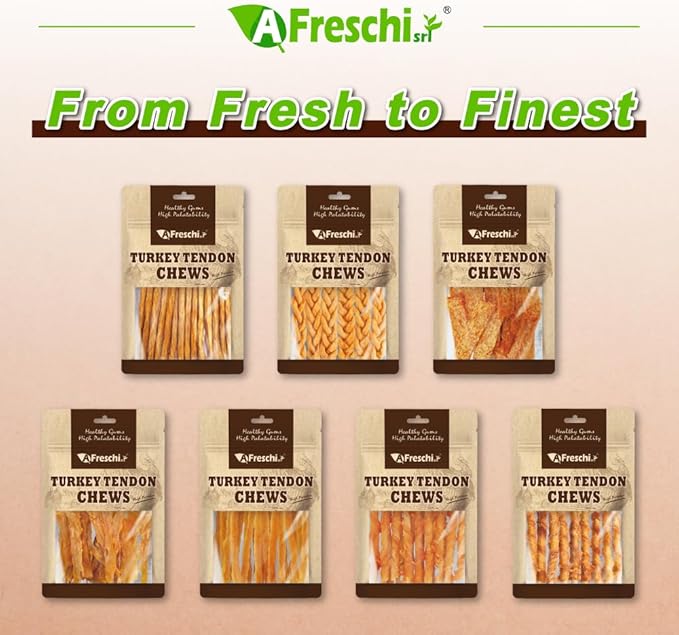 A Freschi srl Turkey Tendons for Dogs, USA-Sourced, Healthy Dog Treats, Rawhide-Free Puppy Chews, All Natural, Hypoallergenic Dog Treats, Turkey Tendon Wrapped Brown Rice Stick, 3.5 oz Pack