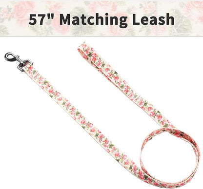 Ihoming Dog Collar and Leash Set for Daily Outdoor Walking Running Training, Pink Flowers Design for Medium Boys Girls Dogs Cats Pets, M-Up to 45LBS