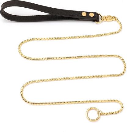 CaptainSteeL Stainless Steel Dog Collar and Leash Combo, 3ft/4ft, 5mm 1m/1.2m Metal Leash for Small and Large Pets, Leather Handle