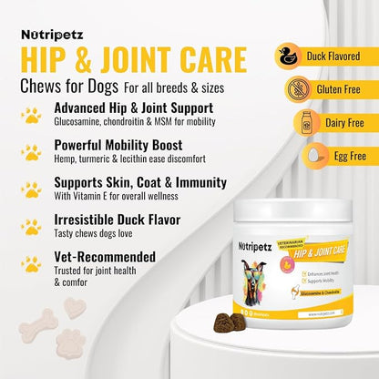Hip & Joint Supplement for Dogs – NutriPetz Turmeric & Hemp Chews – Joint Pain Relief & Mobility Support – Glucosamine Dog Treats, All Breeds & Ages, 120 Soft Chews