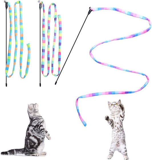 M JJYPET Cat Wand Toys Interactive Kitten Toys Cat Teaser Wand String Feather for Indoor Colorful Ribbon Wands Stick Toy Cat Charmer-3 Packs