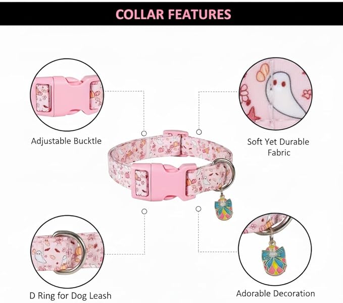 Cute Dog Collar, Pink Dog Collar with Pink Ghost Pattern and Soft Fabric, Girly Collar with Charm and Buckle, Adjustable for Girls Boys Dogs