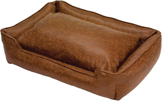 Jax & Bones Dog Bed Lounge - Machine Washable Bed for Dogs - Extra Heavy Duty Bolstered Sides - Vintage Faux Leather Dog Mat Beds | Medium 32 x 27 Inches