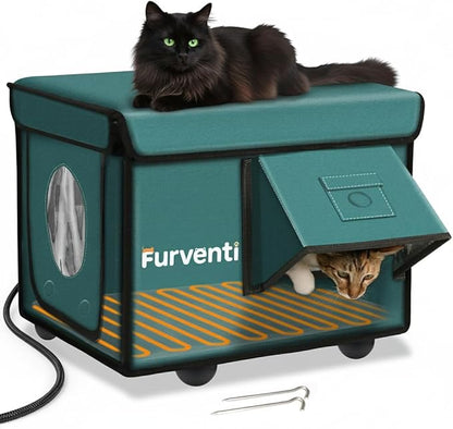 Heated Cat House for Outside with Dual Doors, Insulated Cat House Outdoor with Heating Pad, Weatherproof Heated Outdoor Cats Houses Weatherproof for Feral Cats (Deep Green, 17.5" L x 12" W x 13" H)