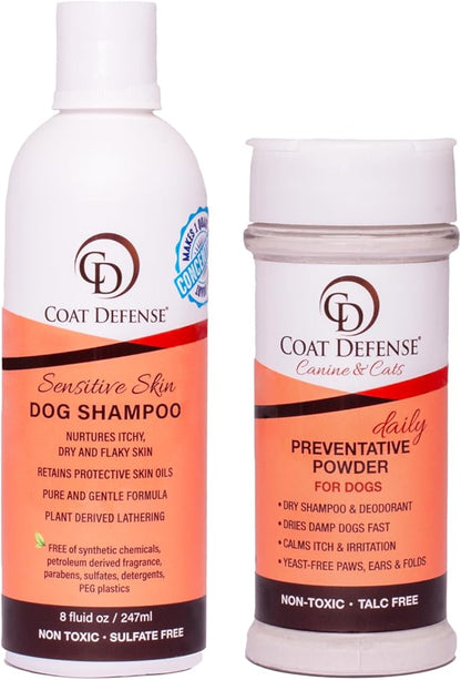 COAT DEFENSE Paw Licker Bundle | Dry Powder for Dogs & Sensitive Skin Dog Shampoo for Allergies and Itching | Smell & Itch Relief | Itchy Skin Relief & Yeast Dog Treatment