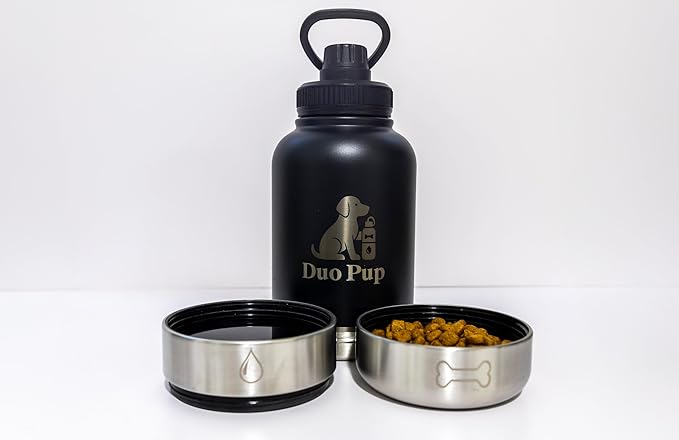 DuoPup 32oz Insulated Stainless Steel Pet Water & Food Bottle – Portable Leak-Resistant Dispenser with Two Detachable Bowls & Carrying Strap – Travel, Hiking & Outdoor Pet Hydration – Dark Green