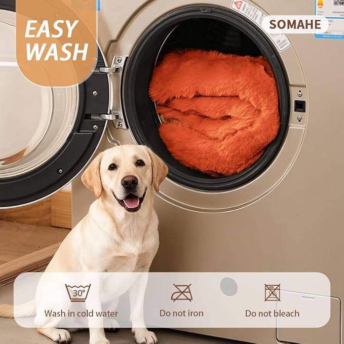 SOMAHE Self-Warming Dog Bed, Plush Faux Fur Mat with Anti-Slip Bottom, Ultra Soft Heated Pet Bed for Medium Large Dogs, Cozy Fluffy Pad for Carriers Couch Crate, Machine Washable, 35 x 27 Inch Orange