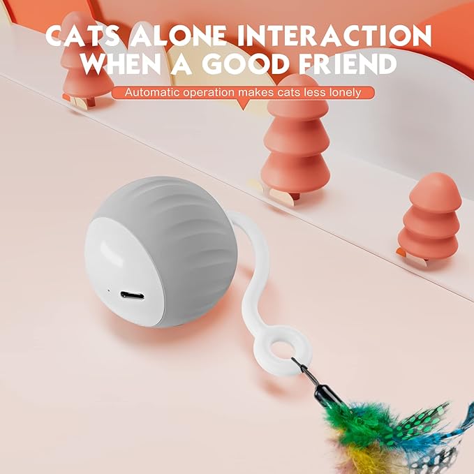 Interactive Cat Toys Ball - Electric Automatic Toys for Indoor cats, LED Lights and Toys Feather Tail with Sound Activated and Touch, USB Rechargeable, 2peeds Mode for Bored Kittens/Adult Cats/Ferret