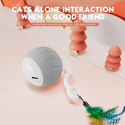 Interactive Cat Toys Ball - Electric Automatic Toys for Indoor cats, LED Lights and Toys Feather Tail with Sound Activated and Touch, USB Rechargeable, 2peeds Mode for Bored Kittens/Adult Cats/Ferret