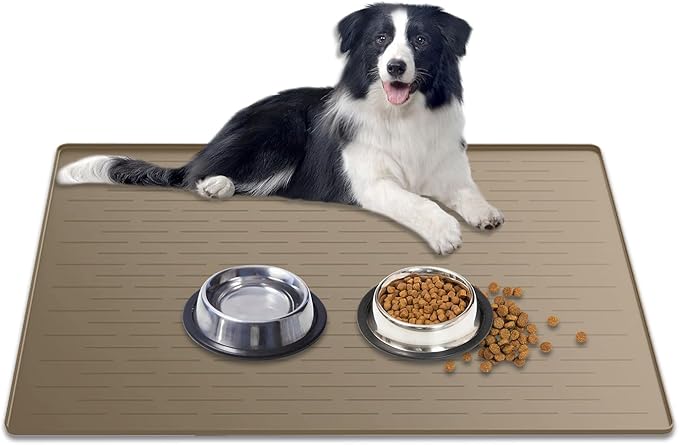 Large Dog Mat for Food and Water, 31.8"x23.8" Silicone Pet Feeding Mats, Waterproof Dog Bowl Mat with High Edges to Prevent Water and Food Spills, Brown