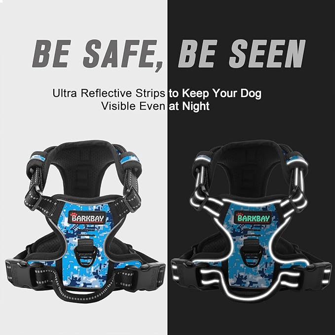 BARKBAY No Pull Dog Harness Front Clip Heavy Duty Reflective Easy Control Handle for Large Dog Walking(Blue camo,M)
