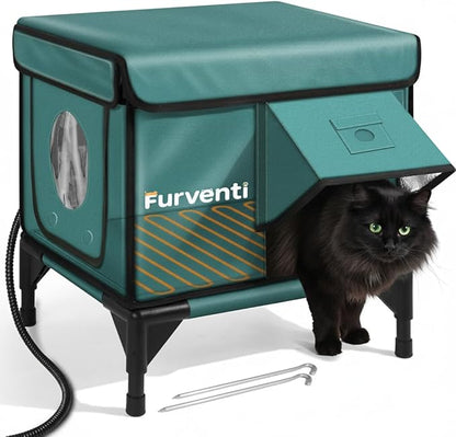 Heated Cat House for Outdoor Cats, Waterproof Insulated Outdoor Cat House with Heating Pad, Weatherproof Elevated Heated Cats House for Outside Feral Cats(Deep Green, 16.5" L x 12" W x 18" H)