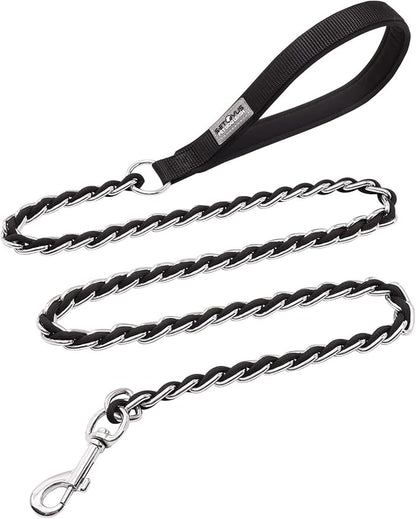 Chew Proof Metal Leash Chain Dog Leash for Medium Large Dogs, Chain Link Anti Chew 5FT Strong Anti Bite Comfortable Soft Padded Handle Black