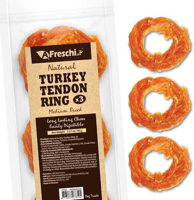 A Freschi srl Turkey Tendons for Dogs, USA-Sourced, Healthy Dog Treats, Rawhide-Free Puppy Chews, Long Lasting, All Natural, Hypoallergenic Dog Treats for Medium Breeds, 3 Count Pack Ring (M)