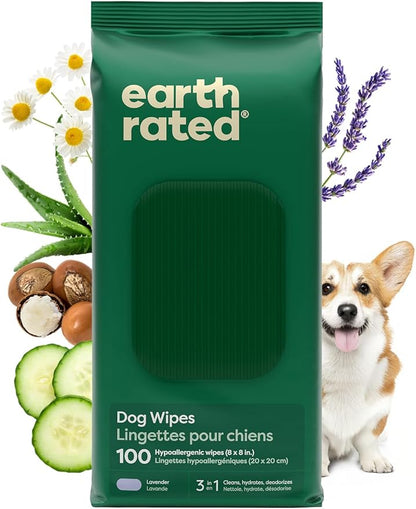 Earth Rated Dog Wipes, Hypoallergenic, Cleaning and Hydrating, for Grooming Paws, Body and Butt, Lavender Scented, 100 Count