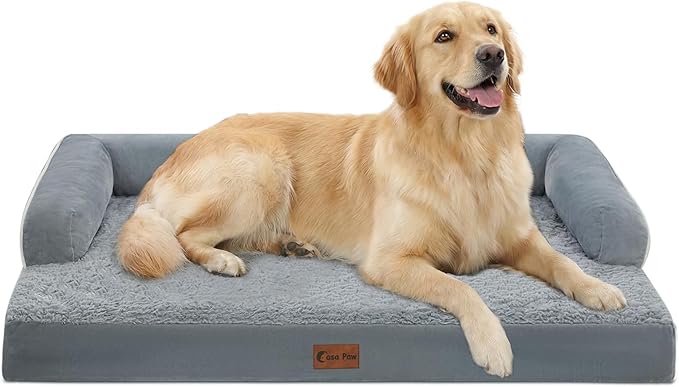 Casa Paw Orthopedic Dog Beds for Large Sized Dogs, Waterproof Egg Crate Foam Large Dog Couch Beds with Comfy Bolster 36x27Inch, Washable Pet Beds with Removable Cover and Nonskid Bottom, Grey