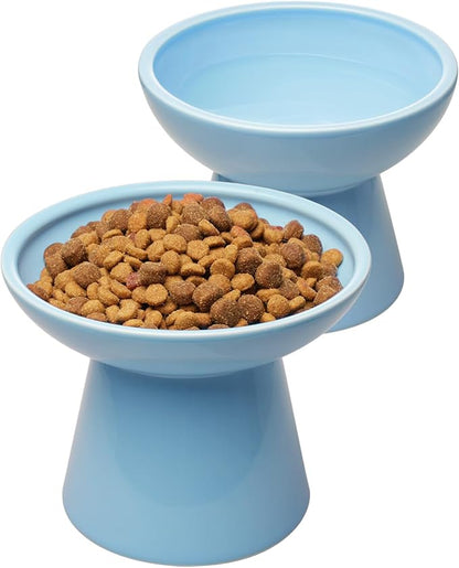 CEEFU 2 Elevated Ceramic Cat Bowls Extra Wide for Food & Water – Whisker Fatigue Shallow Food Dish, Lead & Cadmium-Free, Raised Height for Cats, Blue