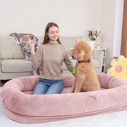 Human Dog Bed 63”x36.6”x11” Large Dog Bed with Raised Cushioned Rim, Removable Cover, Waterproof Lining and Bonus Blanket; Washable-Luxury Fluffy Nap Bed (63"x36.6"x11", Pink)
