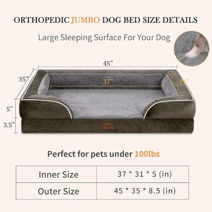 Comfort Expression Orthopedic Dog Bed for Extra Large Dogs 42x30 Inch, Waterproof Egg Crate Foam XL Pet Bed with Removable Bolsters, Dog Couch with Washable Cover & Non-Slip Bottom, Grey Green