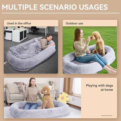 Ultra-Soft Human Size Dog Bed for People and Pets; 77”x51”x11” Extra Large Dog Bed with Raised Cushioned Rim, Removable Cover, Waterproof Lining and Bonus Blanket (77"x51"x11", Grey)