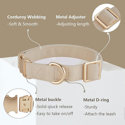 Ewinoom Soft Corduroy Dog Collar and Leash Set Adjustable Durable Wedding Dog Collars with Metal Buckle and Lead for Small Dogs,Beige