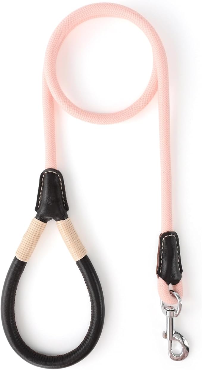 Mile High Life Genuine Leather Wrapped Handle Dog Leash, w Heavy Duty Clasp Rope Leash for Small Medium Large Dogs (Pink, 5FT)