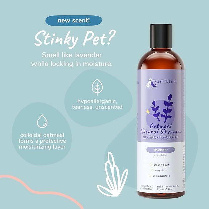 kin+kind Oatmeal Shampoo for Dogs & Cats – Natural Anti Itch Pet Shampoo for Sensitive Skin w/Colloidal Oatmeal, Coconut Oil & Olive Oil – Moisturizing Oatmeal Bath for Dry, Itchy – Lavender 12 fl oz