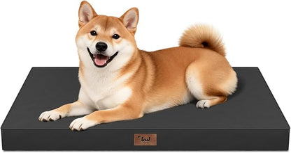Tail Stories Outdoor Dog Bed for Medium Dogs, Waterproof Dog Crate Mat Orthopedic Egg Crate Foam Pet Bed with Washable Removable Oxford Cover, Black