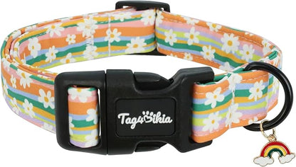 Dog Collar with Rainbows & Flowers Patterns, Spring Summer Collection Dog Collar with Exquisite Pendant, Durable Adjustable Collars for Gifts & Daily Use-M