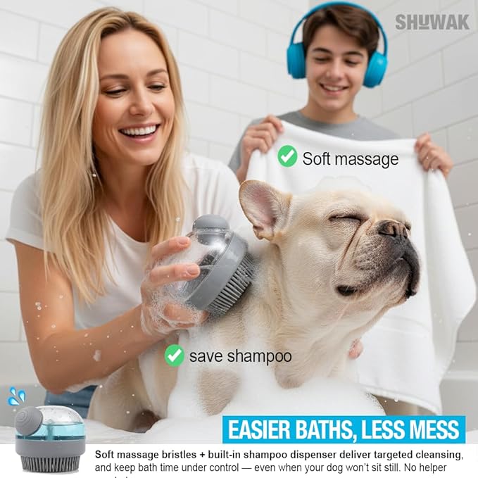 Grooming Duo, 2-in-1 Pet Brush Set with Retractable Self-Cleaning Brush and Silicone Bath Brush for Dogs and Cats (WHITE)