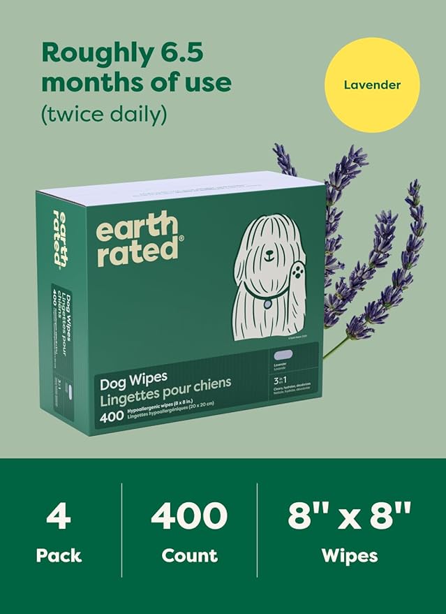 Earth Rated Dog Wipes, Hypoallergenic, Cleaning and Hydrating, for Grooming Paws, Body and Butt, Lavender Scented, 400 Count