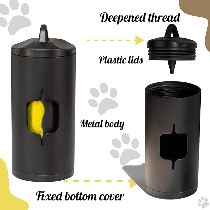 Metal Dog Poop Bag Holder w/Leash Clip|Durable Scratch-Resistant Aluminum|135 Bags+3 Accessories（Black）