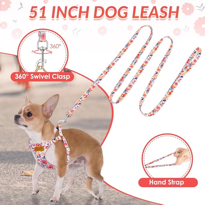 SlowTon No Pull Dog Harness with Leash - Soft Lightweight Floral Pattern Puppy Harness, Adjustable Pet Harness for Small Medium Dogs (Flower XXS)
