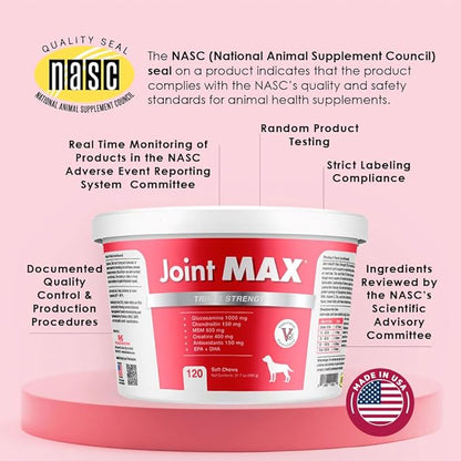 Joint Max TS Joint Supplement Vet Formulated Pain & Inflammation Relief Treats Hip Dysplasia & Arthritis, Glucosamine, Chondroitin, Turmeric, MSM, HA, Creatine, Omega 3 EPA + DHA.120 Soft Chews
