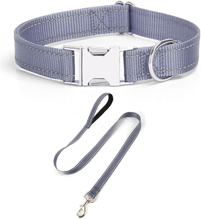 Reflective Dog Collar and Leash Set with Metal Buckle, Soft Sturdy Nylon Dog Collars with Quick Release Buckle, Adjustable Pet Collars with with ID Tag Ring for Small Medium Large Dogs