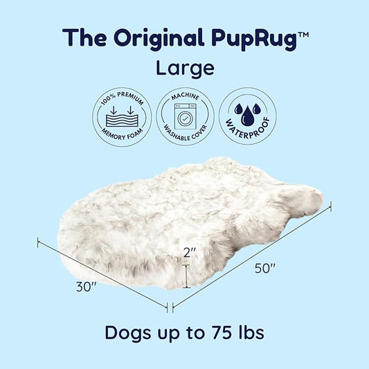 PAW BRANDS PupRug Orthopedic Dog Bed for Large Dogs with Fluffy Soft Faux Fur and Memory Foam for Joint Pain Relief, Machine Washable and Waterproof Couch Bed, White with Brown Accents, Large/XL
