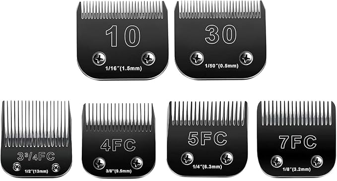 Audoc 10 Blades Dog Grooming Blades Compatible with Andis/Oster A5/Wahl KM-10 Series Dog Clippers,Detachable Clipper Replacement Blade,Black (6PCS Black-#10+30+3FC+4FC+5FC+7FC)