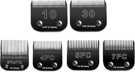 Audoc 10 Blades Dog Grooming Blades Compatible with Andis/Oster A5/Wahl KM-10 Series Dog Clippers,Detachable Clipper Replacement Blade,Black (6PCS Black-#10+30+3FC+4FC+5FC+7FC)