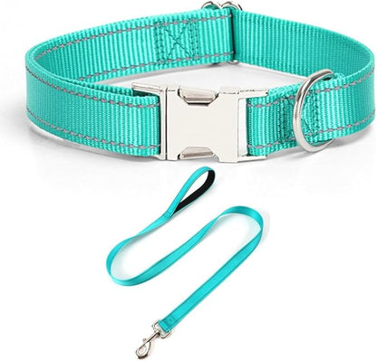 Reflective Dog Collar and Leash Set with Metal Buckle, Soft Sturdy Nylon Dog Collars with Quick Release Buckle, Adjustable Pet Collars with with ID Tag Ring for Small Medium Large Dogs
