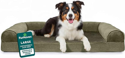 Furhaven Cooling Gel Dog Bed for Large/Medium Dogs w/ Removable Bolsters & Washable Cover, For Dogs Up to 55 lbs - Faux Fur & Velvet Sofa - Dark Sage, Large