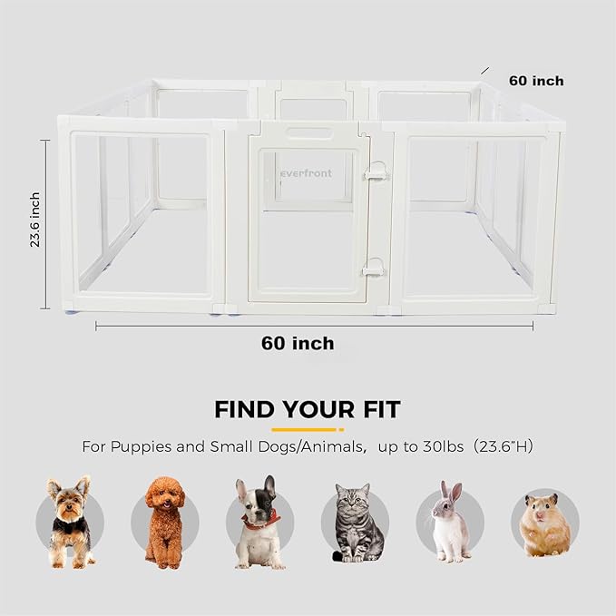 EVERFRONT Clear Acrylic Plastic Dog Playpen - Clear Dog Play Pen - Easy Assemble Acrylic Dog Playpen - Puppy Playpen, Cat Playpen, Small Animal Playpen, Dog Play Pen Indoors (White, 23.6" H, 12PCS)