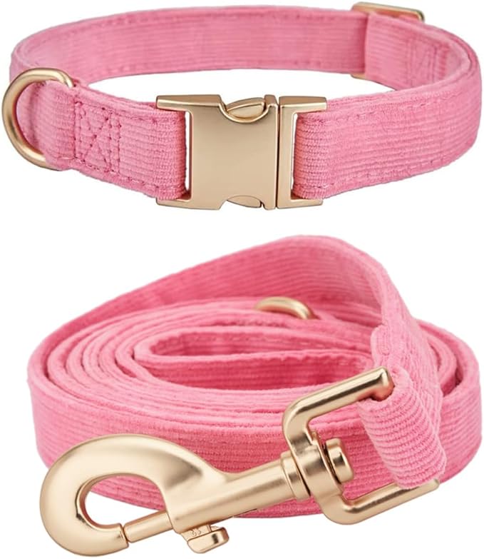 Ewinoom Soft Corduroy Dog Collar and Leash Set Adjustable Durable Dog Collars with Metal Buckle and Lead for Female Large Dogs,Hot Pink