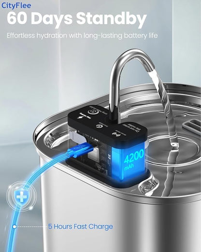 Wireless Cat Water Fountain Stainless Steel with Sensor 108oz 3.2L Battery Operated Cordless Automatic Water Dispenser Quiet Pump BPA-Free Automatic Cat for Drinking, Easy Clean for Cats Dogs Pets