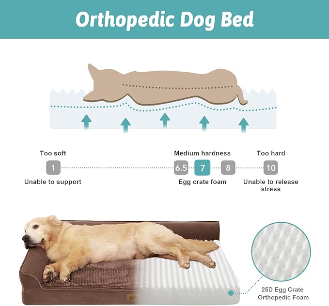 COZY KISS Orthopedic Dog Bed for Extra Large, XXL Dogs Bed, L Shaped Foam Anti-Slip Bottom Giant Pet Cat Sofa with Washable Cover, Suitable for Pet Up to 150 lbs, 48x35x8 inch, Brown ﻿