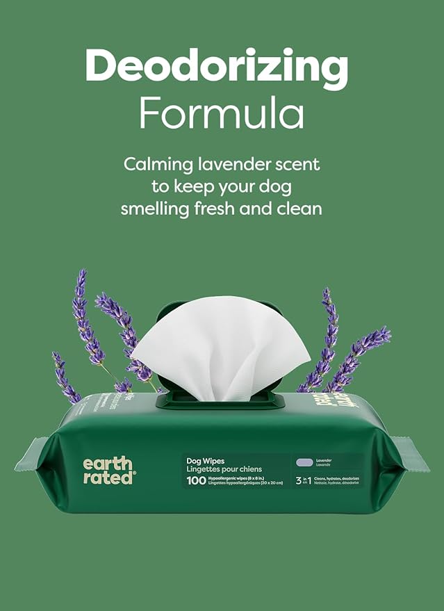 Earth Rated Dog Wipes, Hypoallergenic, Cleaning and Hydrating, for Grooming Paws, Body and Butt, Lavender Scented, 100 Count