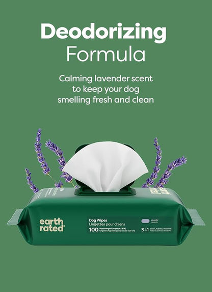 Earth Rated Dog Wipes, Hypoallergenic, Cleaning and Hydrating, for Grooming Paws, Body and Butt, Lavender Scented, 100 Count