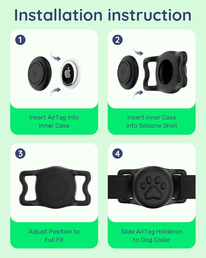 WhoseID IP68 Waterpoof Dog Air tag Holder, Stretchy Silicone Full Body Covered Apple Air Tag Holder for Dog Cat Collar Fit All Width Collar (Black1, 1 Pack)
